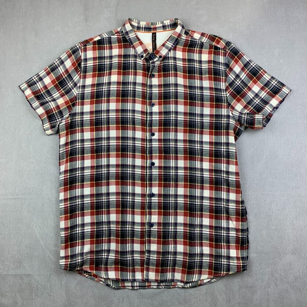 Nudie Mens Shirt Large Red Blue Tartan Plaid Herringbone Button Up Short-Sleeve